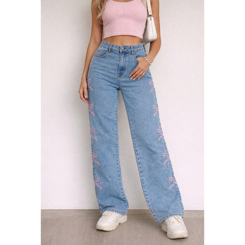 Gogo Jeans‎ Wide Leg Women Size 7/28 Blue New Pink Bow Embroidered Mid-Rise